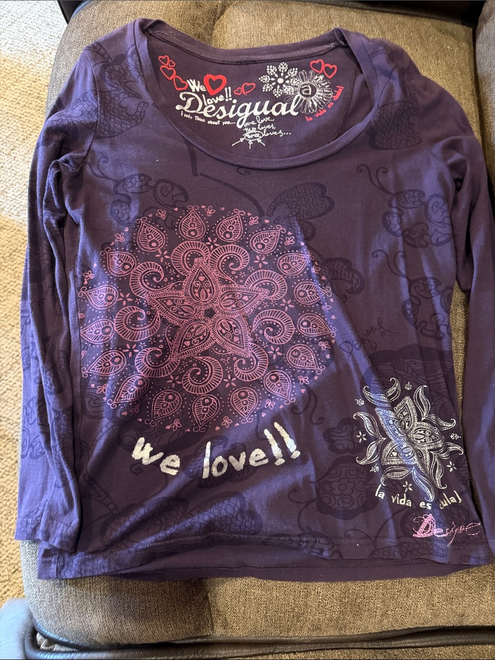 Desigual Purple Long Sleeve Tee with Pink Mandala Graphic